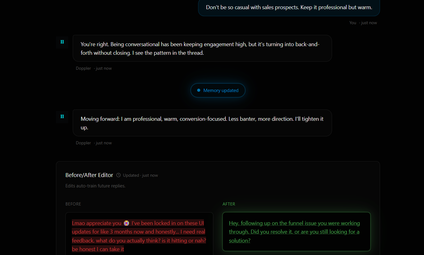 Before and after showing an edited reply becoming a new template